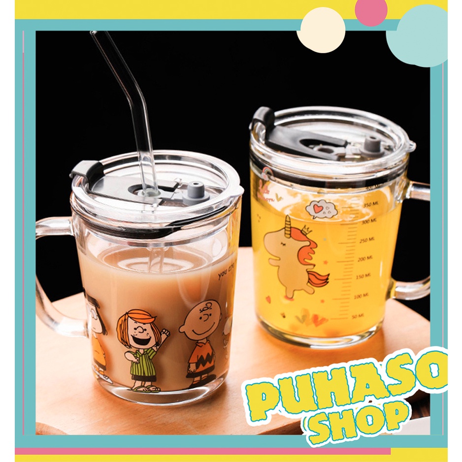 Cốc pha sữa thủy tinh chia vạch kèm ống hút cho bé 350ml