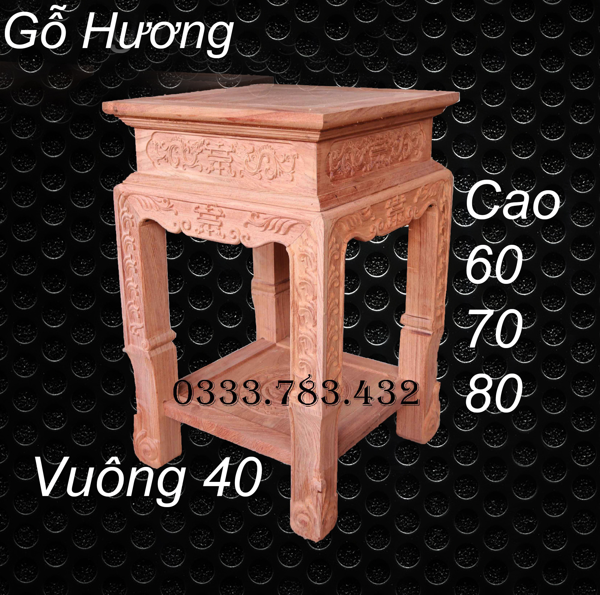 Đôn vuông chân chiện hoa lá tây gỗ hương vuông 40