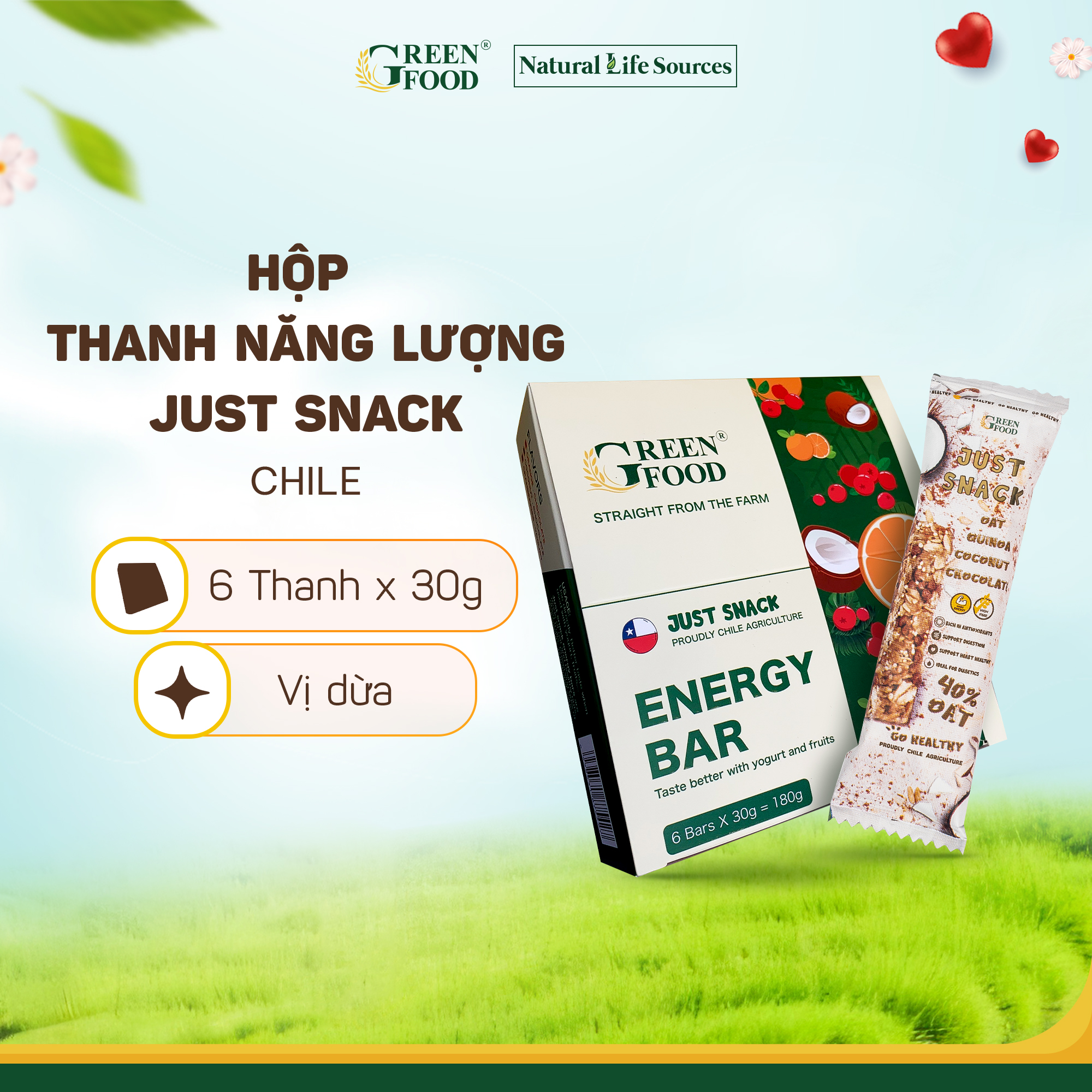 Hộp 6 Thanh Năng lượng JUST SNACK Ngũ cốc yến mạch vị Dừa | Hộp 6x30g/thanh - Ăn liền siêu tiện lợi, dinh dưỡng đầy đủ, healthy food, nhập khẩu Chile