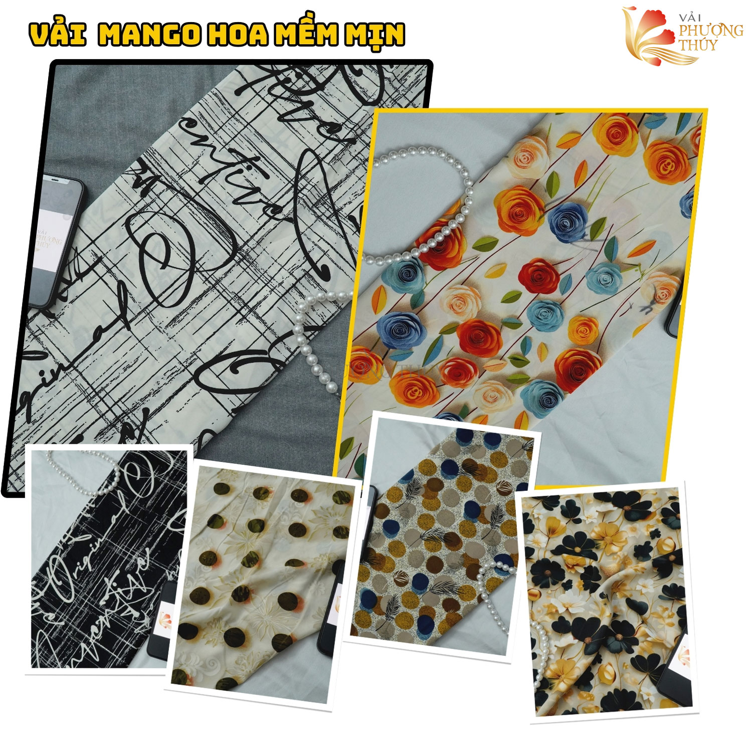 Vải lụa Mango PHƯỢNG THÚY họa tiết hoa nhí may áo dài, đầm váy, đồ bộ, chất lụa cao cấp mềm mịn co giãn khổ ngang 1m50