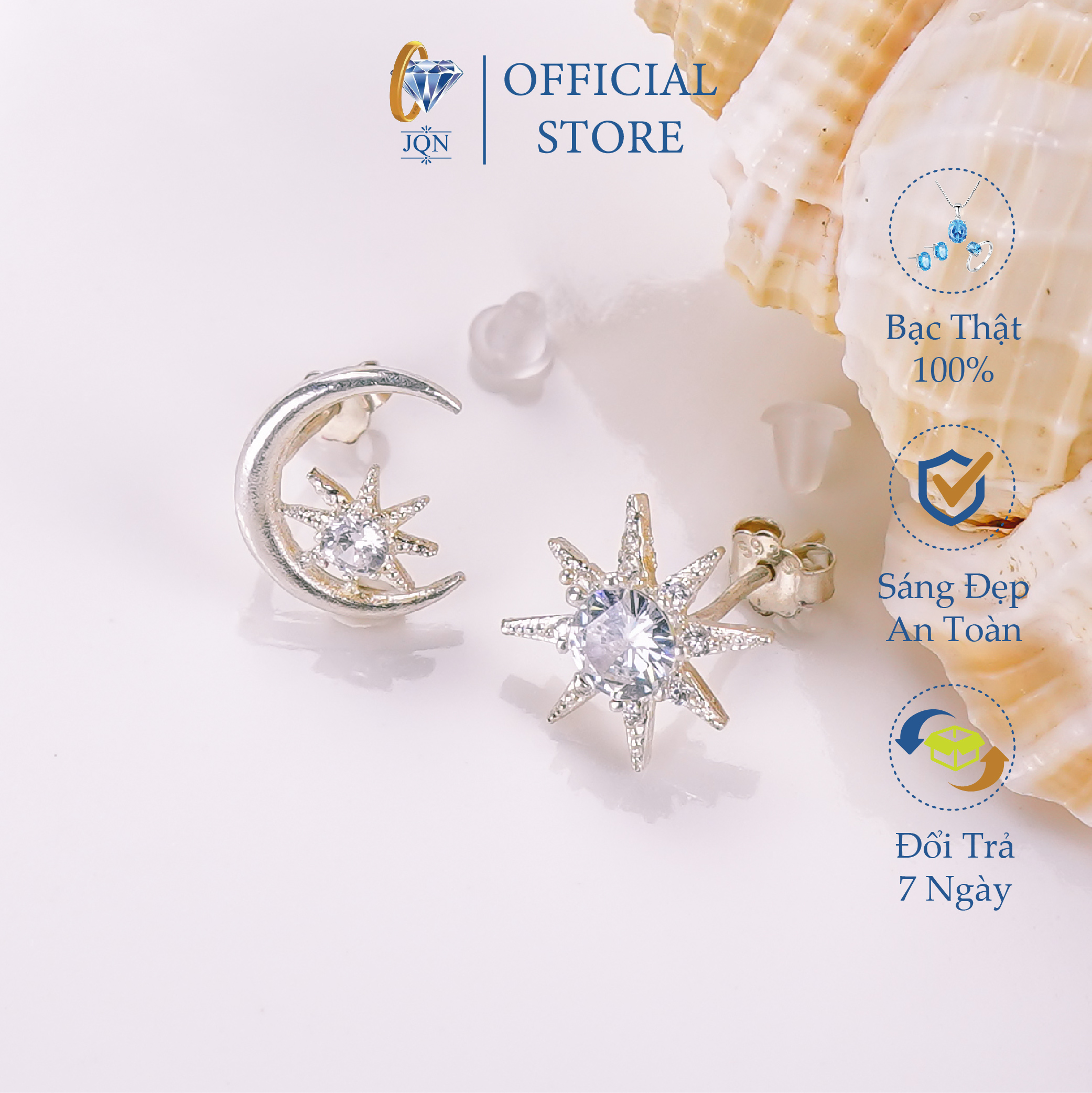 Bông Tai Nữ JQN Mẫu Khuyên Nụ Mặt Trăng Sao Nạm Đá Lấp Lánh