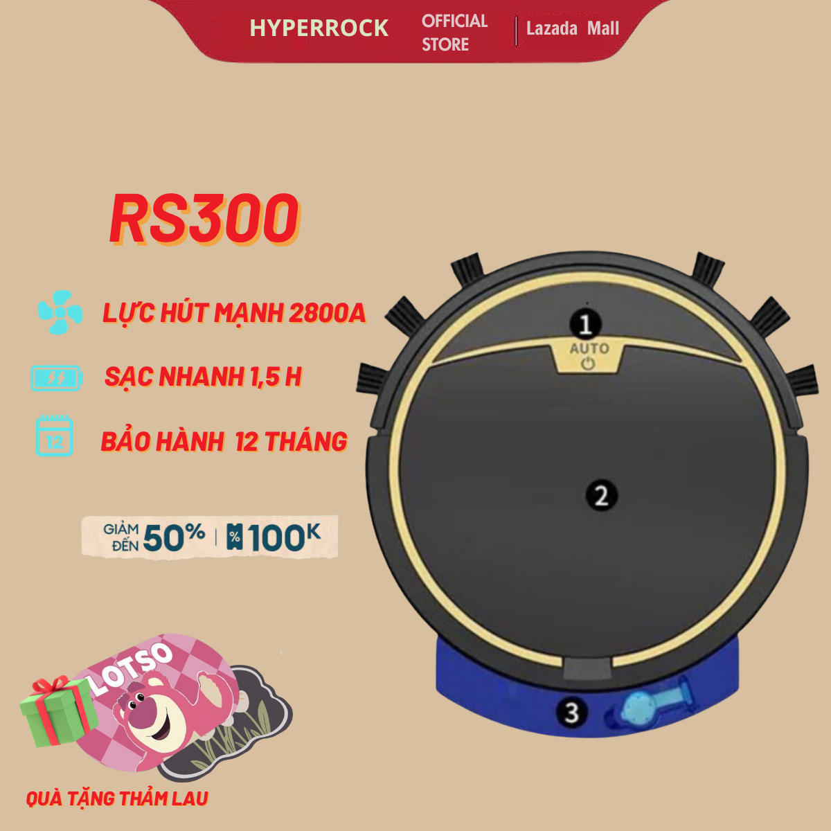 Robot Hút Bụi Lau Nhà Hyperrock RS300, Robot Hút Bụi Thông Minh. Cảm Biến Chống Rơi, Có Remote, Hộp Nước Lau Ẩm, Hút Siêu Khỏe