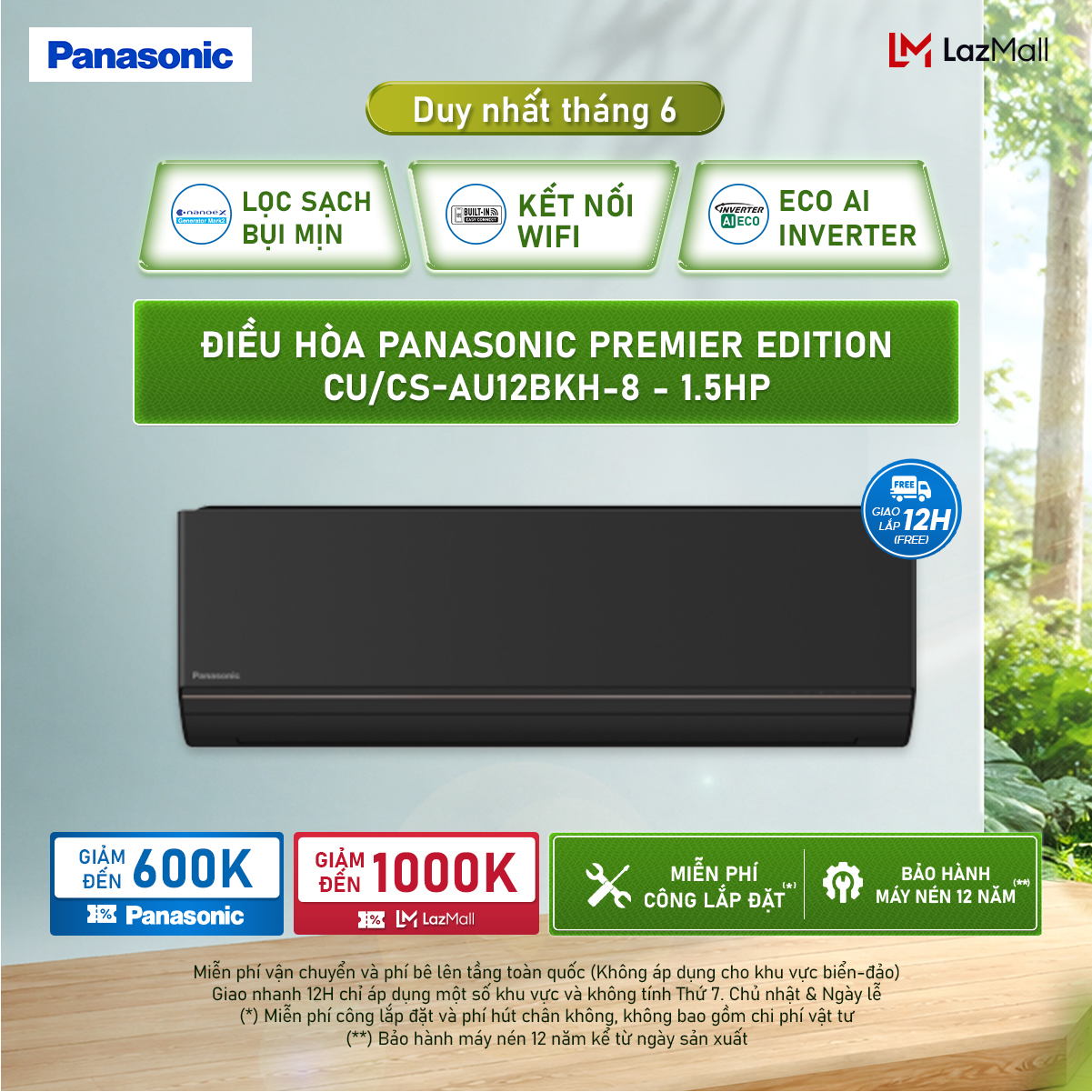 Điều hòa Panasonic Premier Edition CU/CS-AU12BKH-8 - 1.5HP - Một chiều - Lọc sạch không khí nanoeX - Wifi