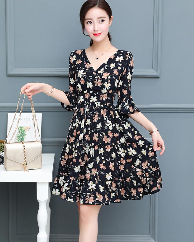 Đầm Hoa Xinh Mẫu Hàn Quốc Tay Lửng Cổ Chữ V DN057 Shop Mây