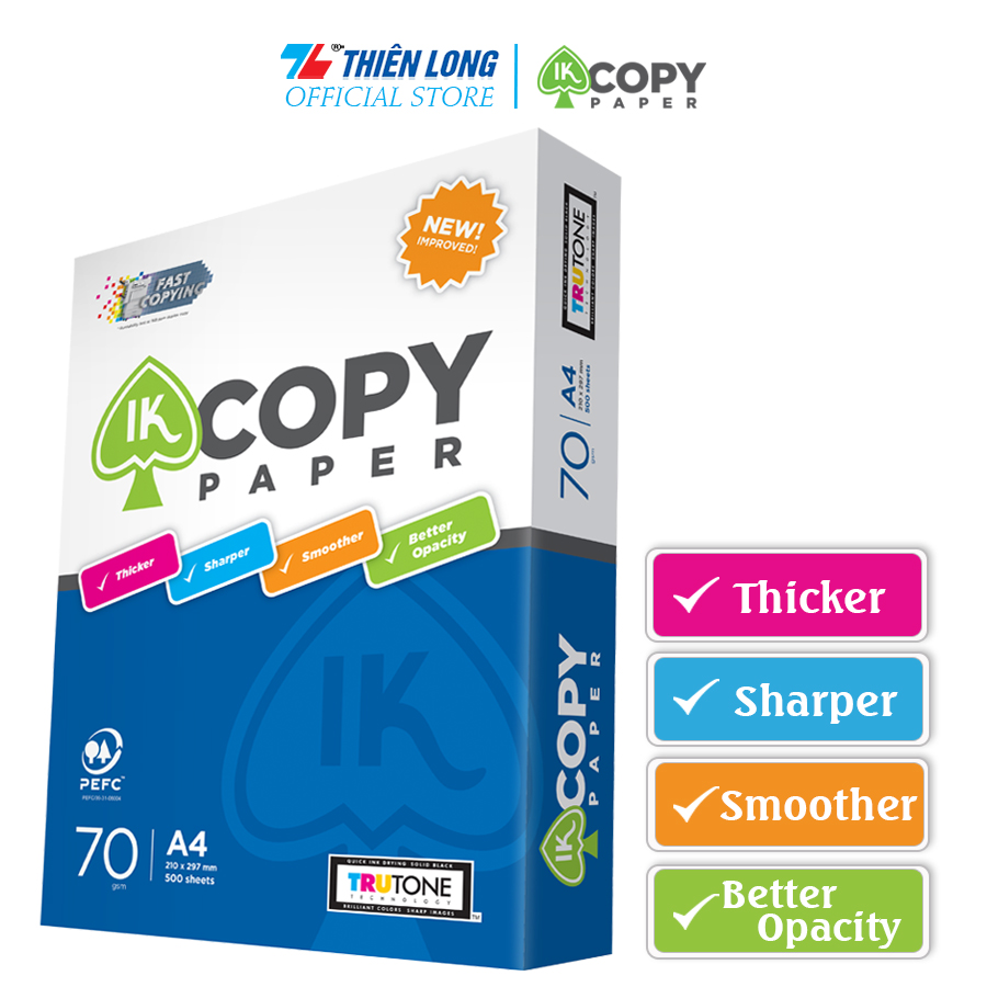 Giấy in A4 giấy po IK Copy 70 gsm đều màu không gợn sóng độ dày cao chữ in không lem nhòe 500 tờ/Ream