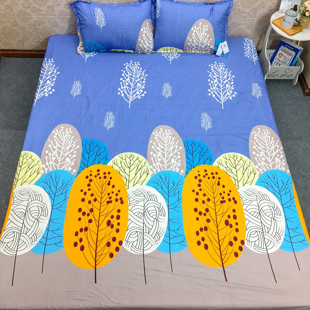 Trọn bộ 4 món ga gối poly cotton ( 1 ga giường + 2 vỏ gối nằm + vò gối ôm) mẫu Lá Cọ