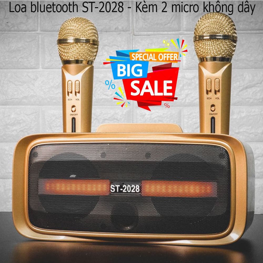 [ MẪU MỚI ] Loa xách tay bass đôi cực hay, Loa bluetooth ST-2028, Tích hợp giá đỡ điện thoại - Đèn led nháy theo nhạc đẹp mắt - Đầy đủ kết nối Bluetooth, USB, AUX, TF card, công suất 20W, bộ loa bass bên trong gồm 2 loa 3 inch.