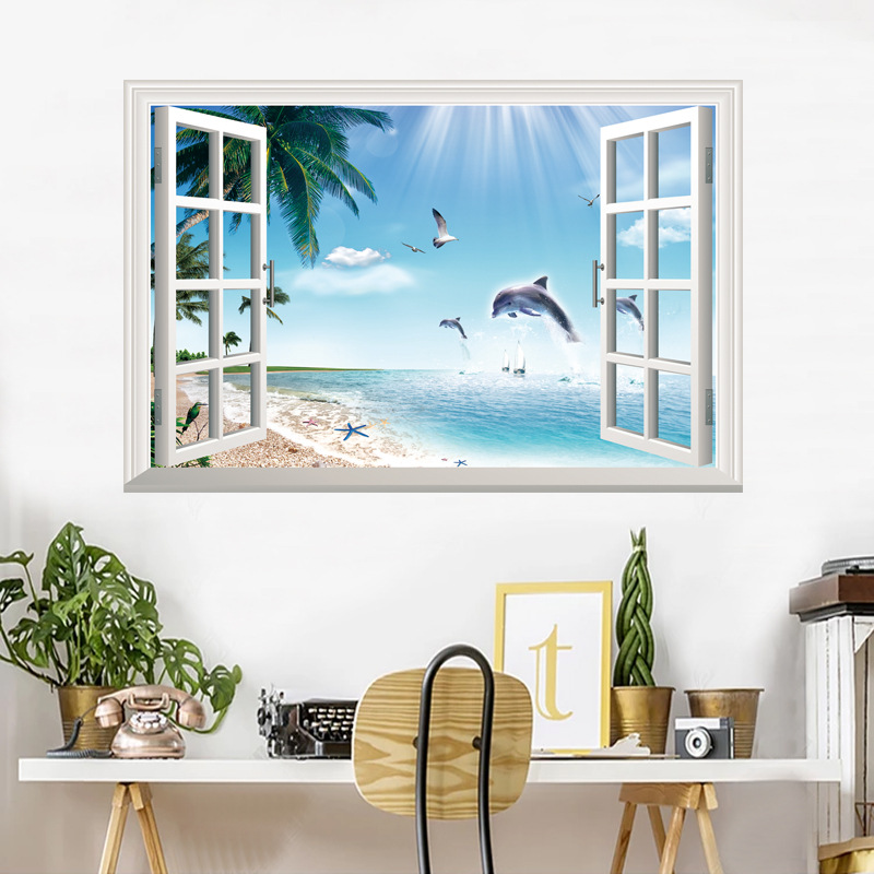 [HCM]Decal dán tường khung cửa sổ cá heo - Giấy dán nền kính  nền gạch trang trí phòng khách  phòng ngủ - Phụ kiện trang trí nhà cửa - Decor nhà đẹp