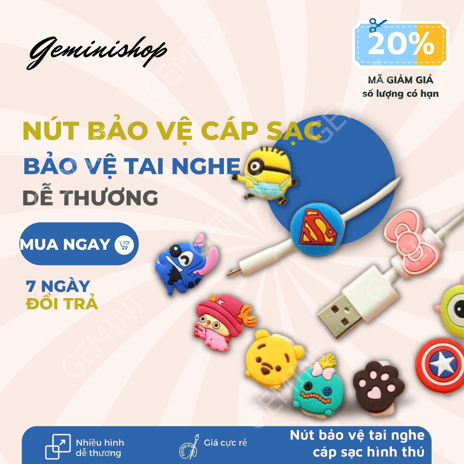 Combo 8 nút bảo vệ đầu cáp sạc tai nghe hình thú ngẫu nhiên