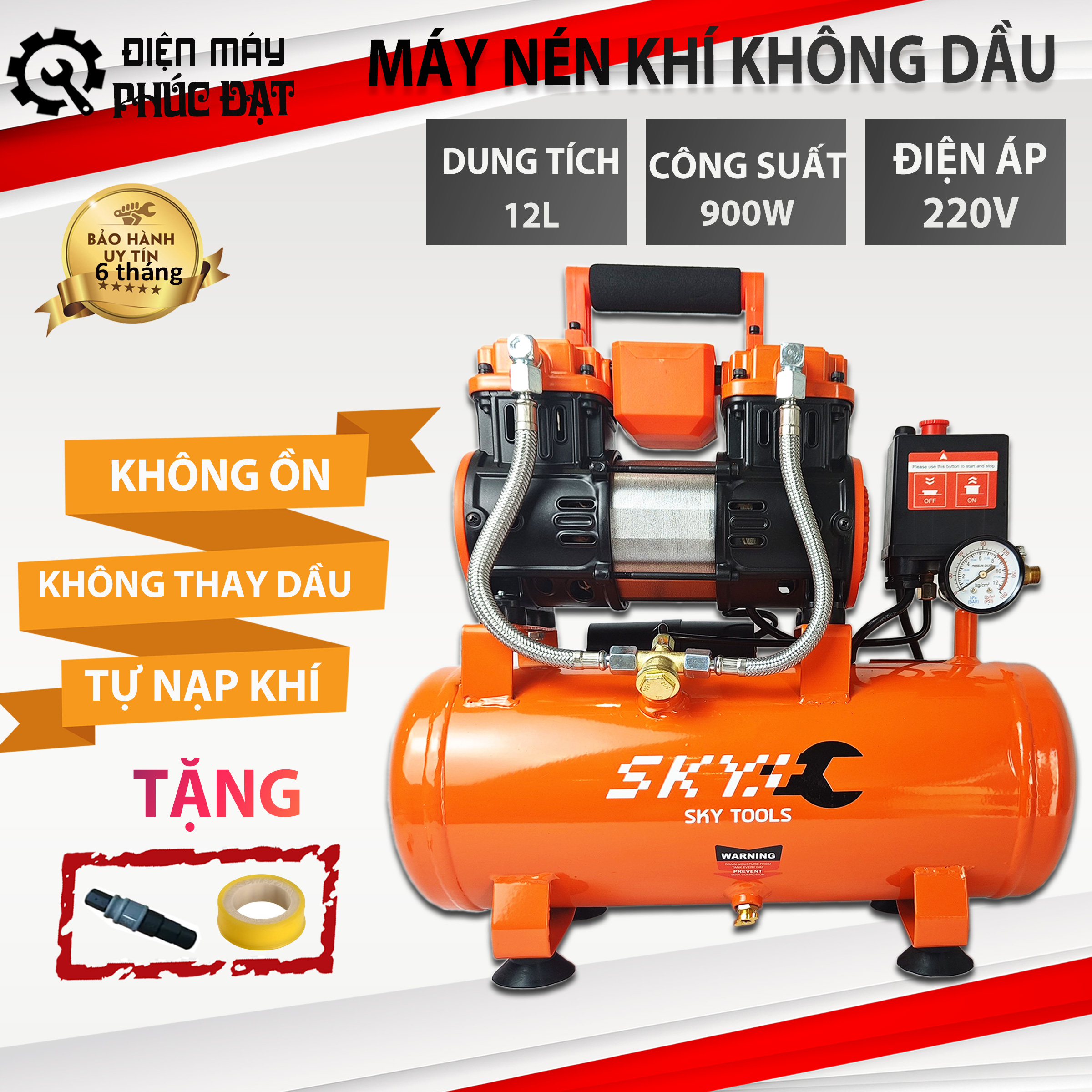 Máy nén khí | Máy bơm hơi, Máy nén hơi | Máy nén khí mini không dầu 12L 900w chính hãng - Nén 8kg, tự động nạp ngắt khí, tốc độ nạp khí siêu nhanh - Phun sơn, bắn đinh, bơm hơi. Tặng đầu nối nhanh