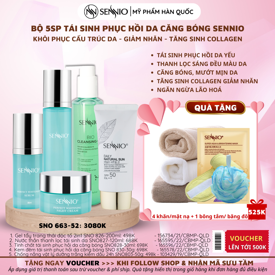 Bộ 5 sản phẩm kem dưỡng da Sennio Perfect Whitening Set 5 Combo tái sinh phục hồi da căng bóng chống lão hoá da