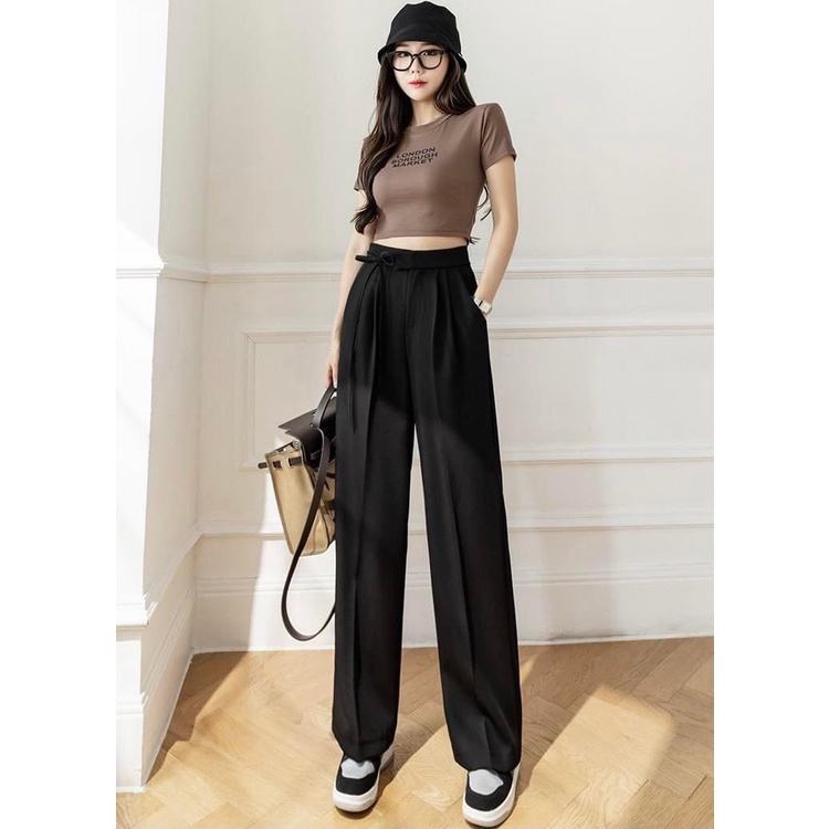 Freeship quần ống suông dây nơ buộc eo chất ruby phong cách hàn quốc quần ống rộng dài dáng suông lưng cao HALA FASHION