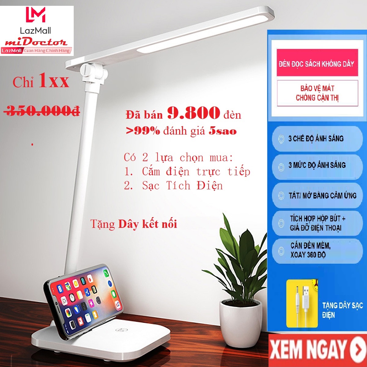 [3 CHẾ ĐỘ SÁNG - CẢM ỨNG] Đèn Để Bàn Học, Đèn Học Sinh, Đèn Led Đọc Sách, Đèn Sạc Pin, Đèn Tích Điện, Đèn Học Để Bàn, Đèn Học Chống Cận Thị - Hàng Chính Hãng miDoctor