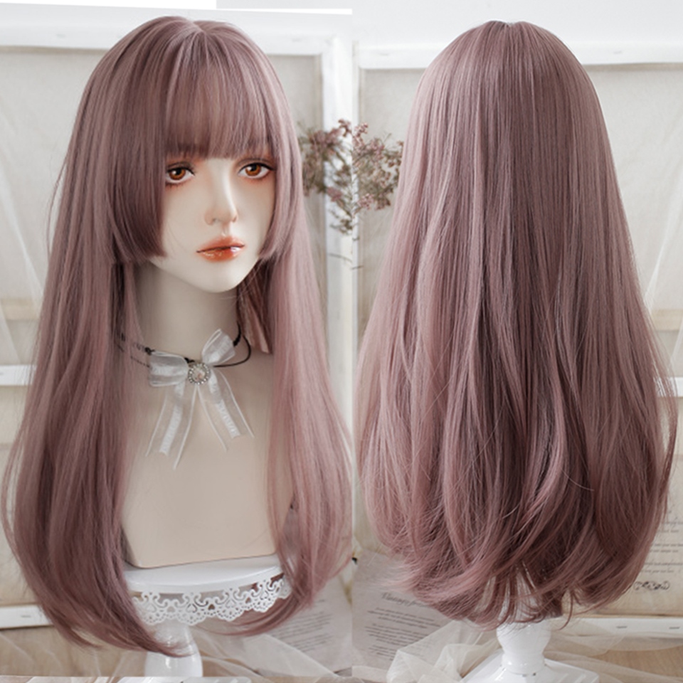 HOUYAN cosplay lolita long straight hair synthetic wig girl pink thin rattan black bangs wig heat resistant