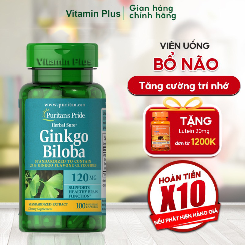 Viên uống tuần hoàn não Puritan's Pride Premium Herbal Sure Ginkgo Biloba 120 mg 100 viên