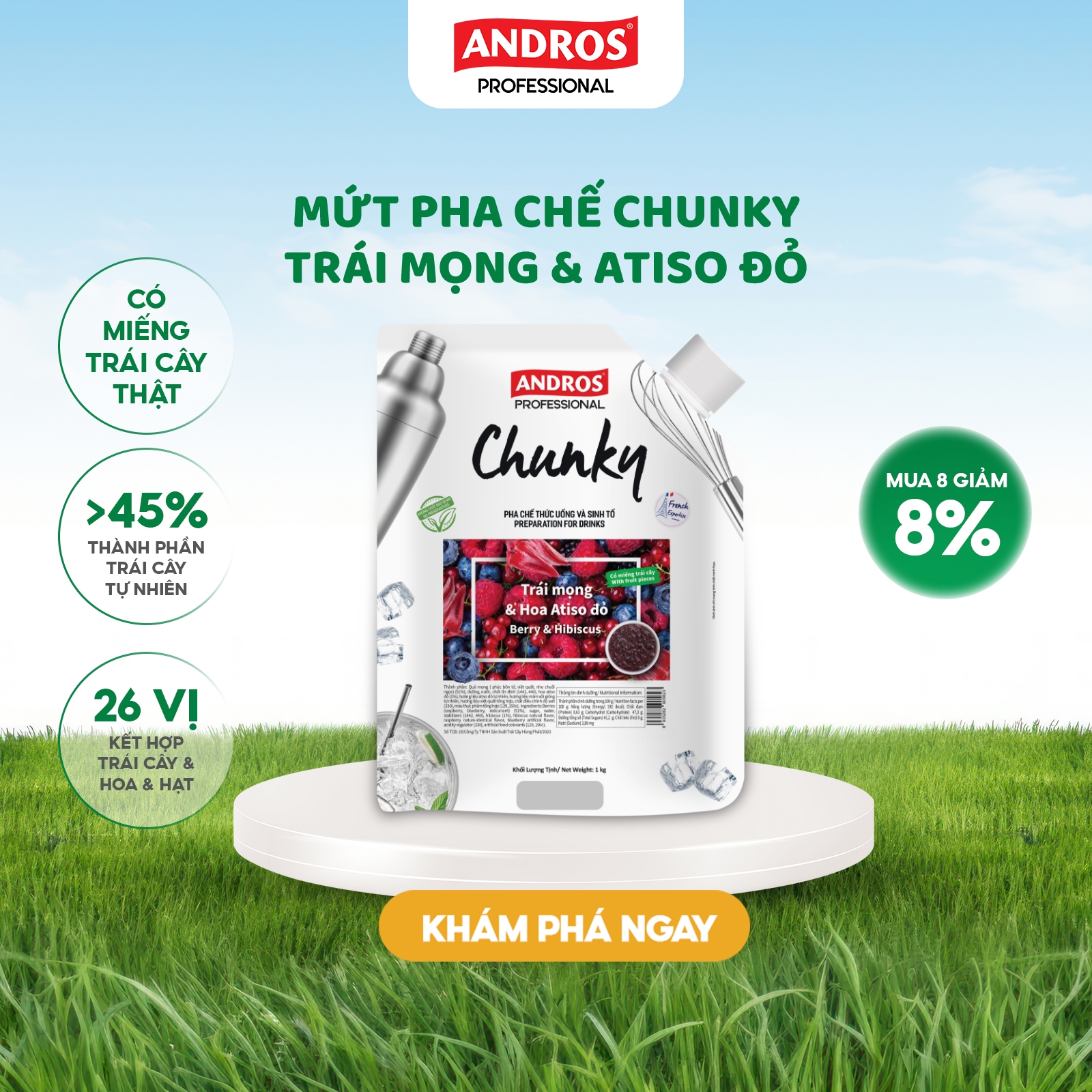 Mứt Pha Chế Trái mọng & Hoa Atiso đỏ - Có miếng trái cây thật - Nguyên liệu pha chế - ANDROS CHUNKY - 1kg