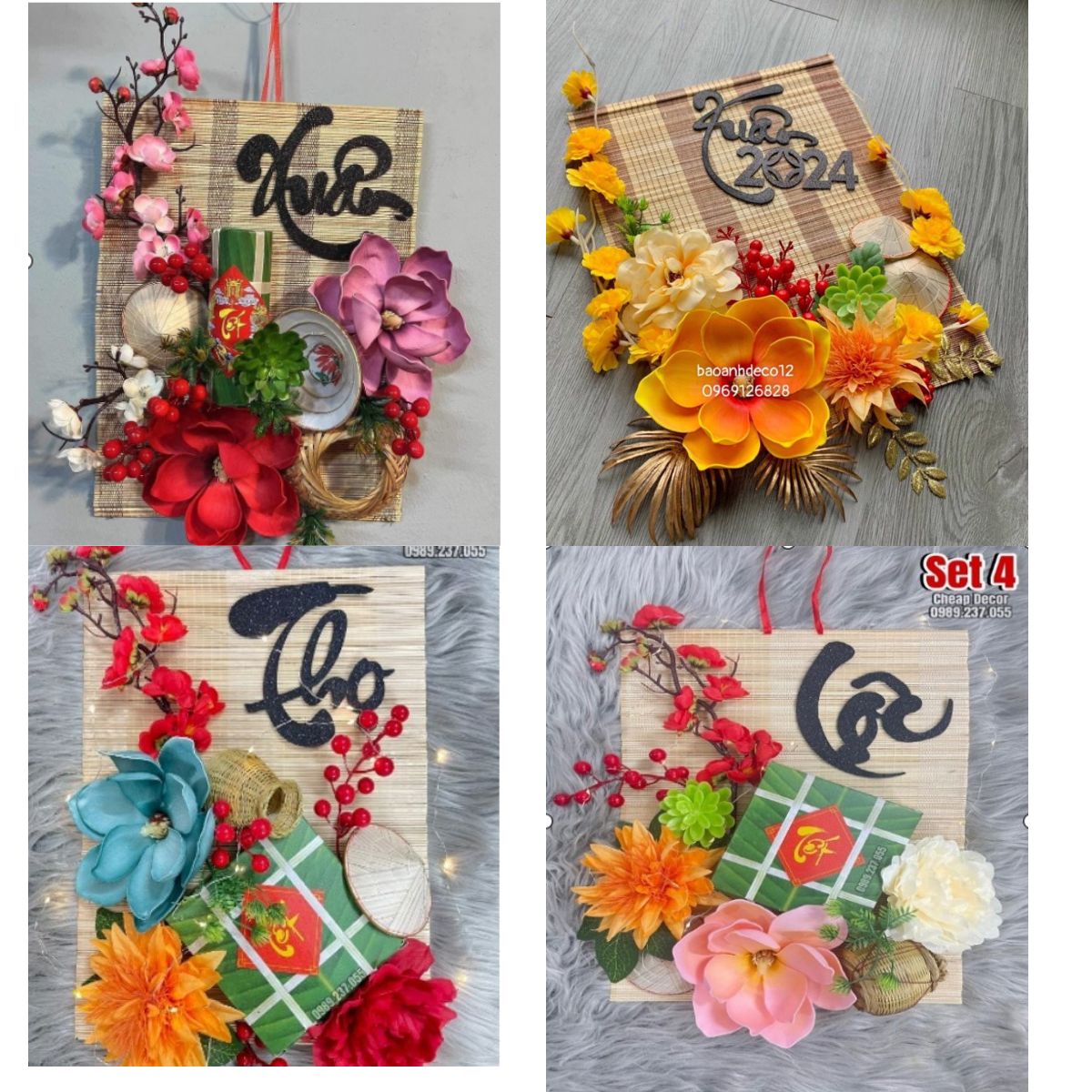 Mành hoa trang trí tết 2024 decor trang trí nhà cửa ngày tết vòng hoa treo alu, decor tết, mành trang trí tết treo tường tặng kèm đèn