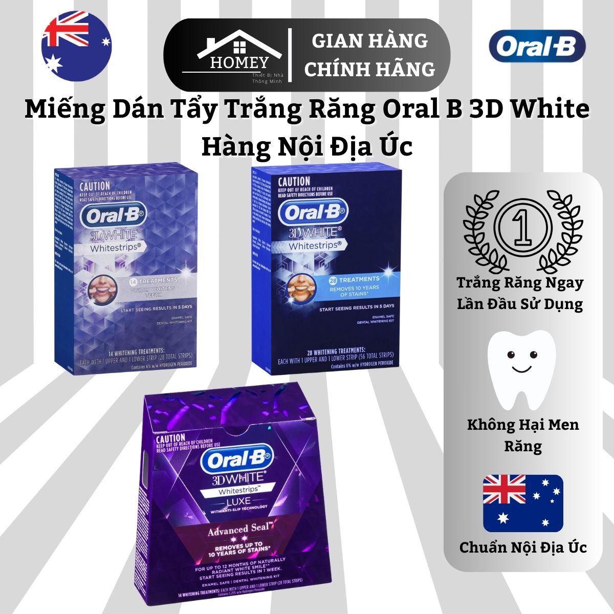 Homey - Miếng dán tẩy trắng răng Oral-B 3D White Whitestrips - Hàng nội địa Úc