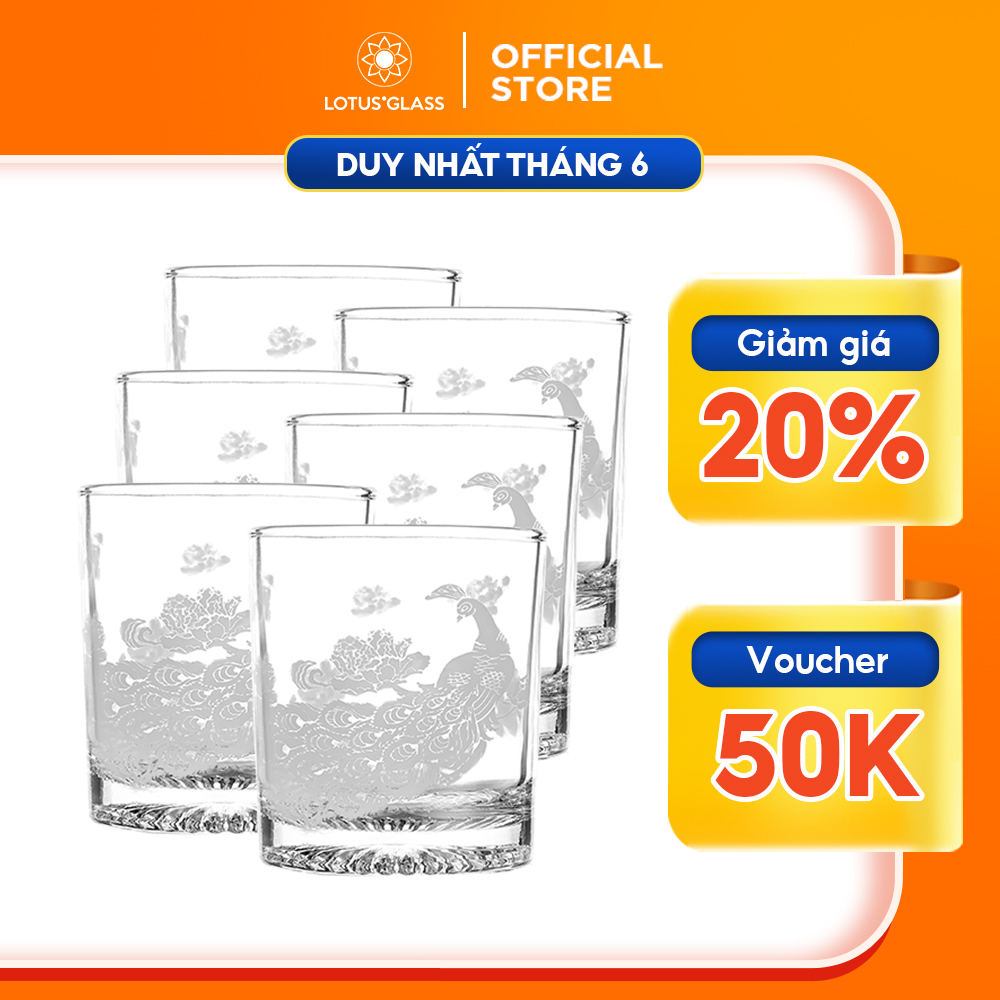 Bộ 6 cốc thủy tinh lotus glass vtc308 in con công men cát - bộ cốc thủy tinh 245ml uống whisky, làm quà tặng