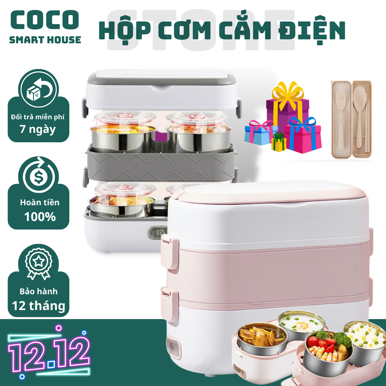 Hộp cơm cắm điện, hộp cơm văn phòng giữ nhiệt, hộp cơm giữ nhiệt cắm điện 2 tầng Nhật Bản thiết kế hiện đại với 4 bát inox, hộp cơm giữ nhiệt, hộp cơm cắm điện văn phòng, hộp đựng cơm giữ nhiệt hâm nóng