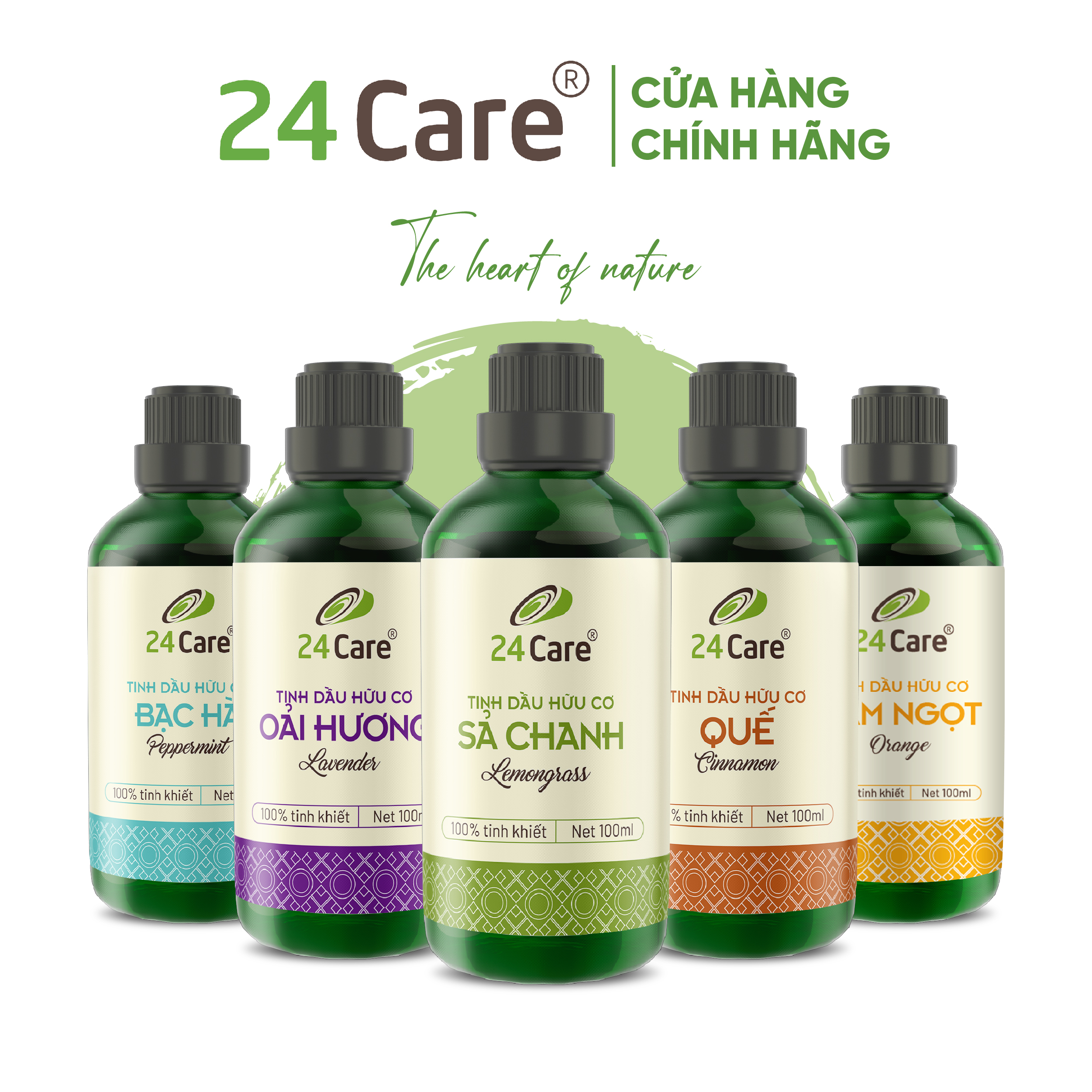 Tinh dầu nguyên chất 24Care 100ML Sả chanh/Bạc Hà/ Quế/ Oải hương/ Cam/Tràm Huế/ Hoa Hồng/ Lavender/ Ngọc Lan Tây/ Tràm Trà - Xông thơm phòng, khử mùi, đuổi muỗi