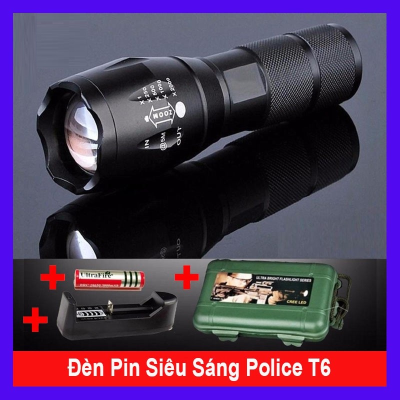 Đèn pin Led siêu sáng có 5 chế độ XML T6, chiếu xa trăm mét - Trọn bộ gồm 1 đèn bin mini cầm tay, 1 pin sạc 18650, 1 bộ sạc, 1 dụng cụ xài pin AAA, 1 đồ bảo vệ pin, 1 hộp đựng