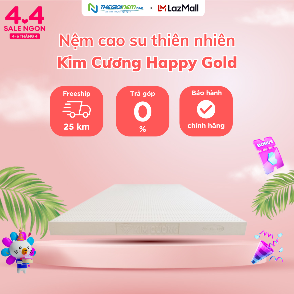 [Trả góp 0%] Nệm nằm ngủ 100%  cao su thiên nhiên Kim Cương Happy Gold 140x200x5cm -Bảo hành 12 năm.