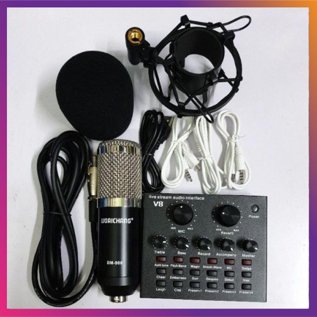 Bộ combo mic thu âm soundcard v8 aqta chính hãng bluetooth + mic karaoke livetream bm 900, có autotune chuẩn phòng thu