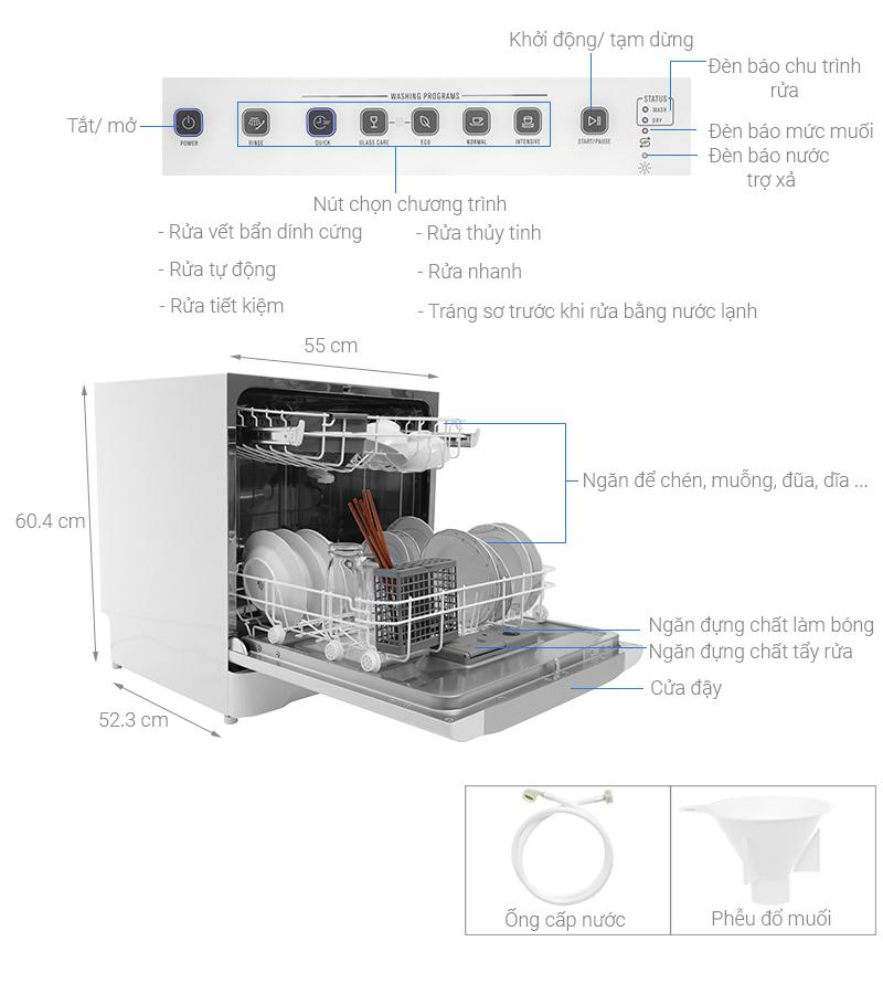 Máy rửa chén mini Electrolux ESF6010BW 1480W - thiết kế nhỏ gọn vận hành êm