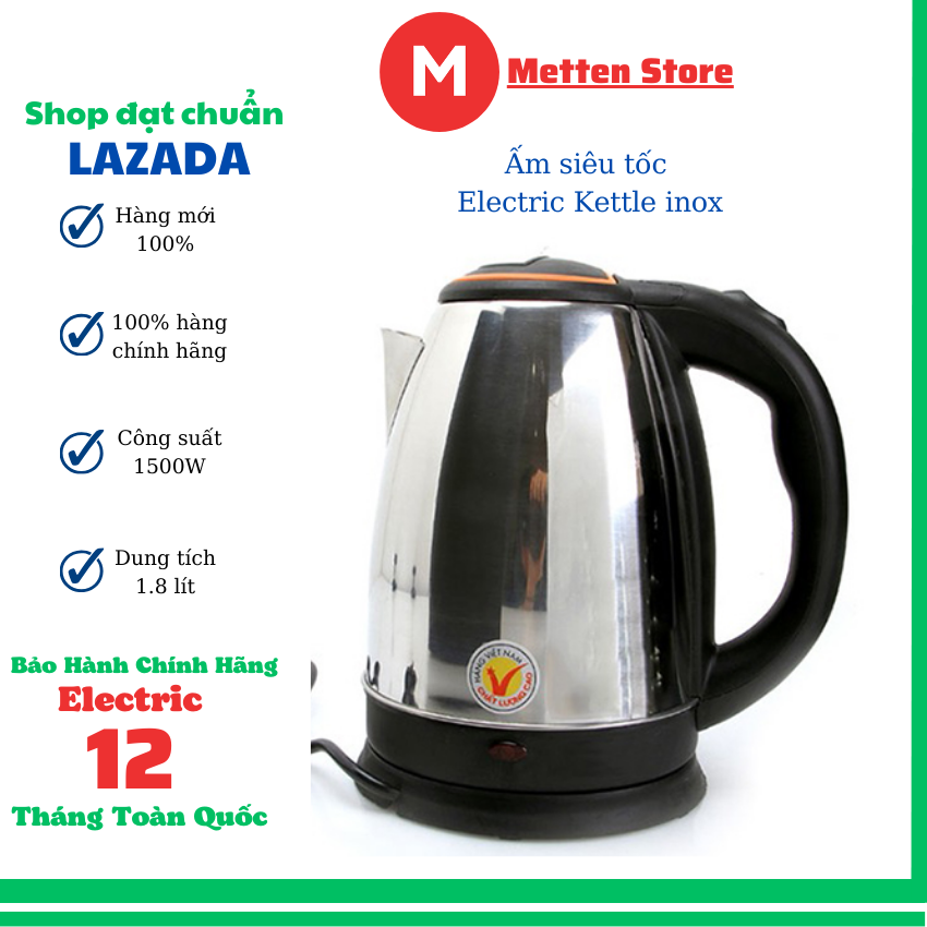Ấm siêu tốc Electric Kettle inox 1.8 lít-ấm đun nước siêu tốc-1500W-bảo hành 1đổi 1-