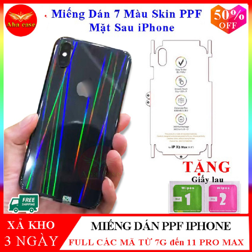 Miếng dán Skin PPF 7 màu mặt sau cho các dòng iphone 7, 7plus, 8, 8plus, X, Xs, Xsmax, 11, 11 pro,11 pro max, 12, 12 pro, 12 pro max, 13, 13 pro, 13 pro max tấm dán PPF 7 sắc cầu vòng, miếng dán Chống xước mặt lưng iphone 7 màu đẹp, giá rẻ, Aha Case