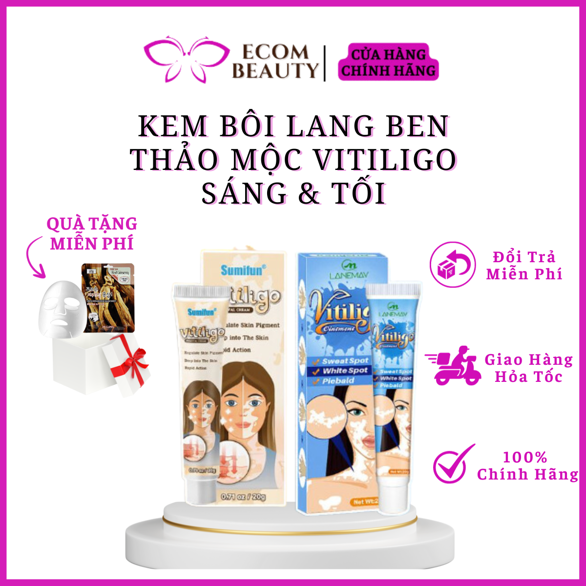Kem bôi lang ben thảo mộc Vitiligo Ngày và đêm - Kem bôi bạch biến, da nấm làm mờ bạch biến đốm trắng 20 gr - ECOM BEAUTY