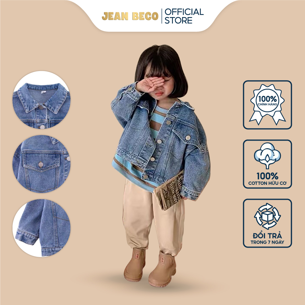 Áo khoác Jeans cho bé gái bé trai cổ bẻ JEANBECO khoác jean phối nút cài dọc A01