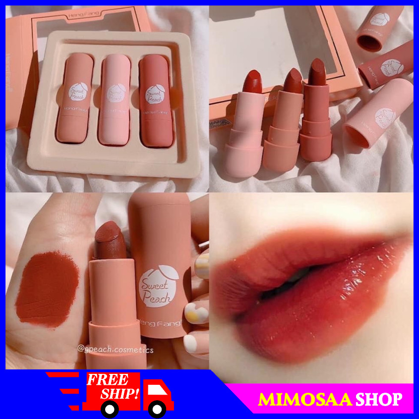 [HCM] Set 3 cây son thỏi lì Hengfang Sweet Peach vô cùng xinh xắn son nội địa trung tone màu hiện đại - MIMOSAA