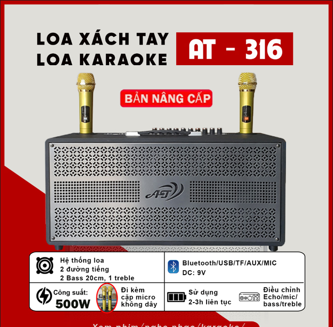 ( BẢN MỚI NÂNG CÂP 2024 ) Loa Karaoke Xách Tay AT 316 VÀ 220Pro Kèm 2 Micro UHF Hát Hay - Loa 2 Bass 22Cm ,1 Trble . Công  Suất 500W Cực Khủng Bass Dày To Hay Ấm Tiếng- Bluetooth 5.0 -Chip DSP Vang Số Bass Treble , Echo ,Delay - Âm Thanh Mạnh Mẽ Uy Lực,