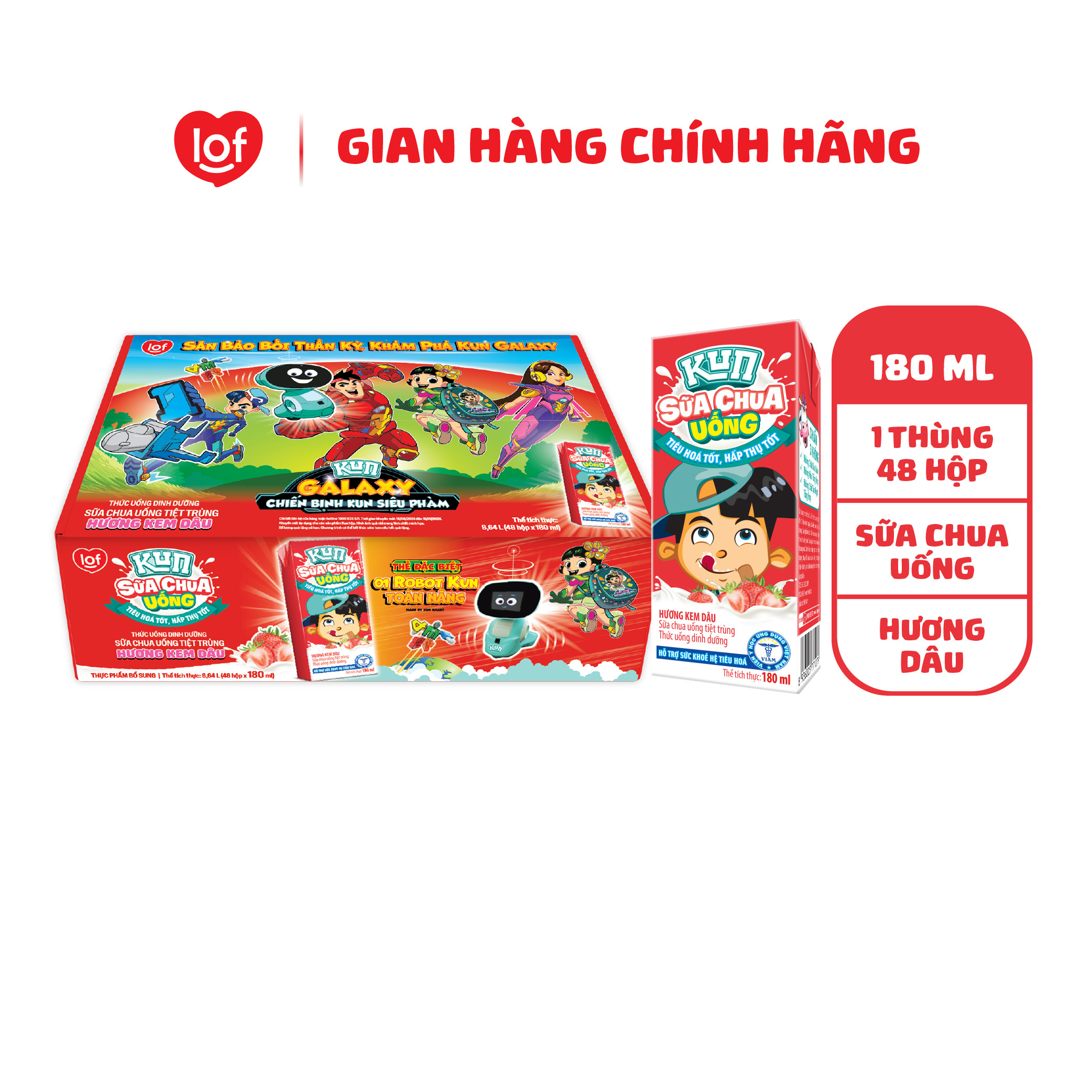 Sữa chua uống KUN vị kem dâu thùng 48 hộp x 180ml