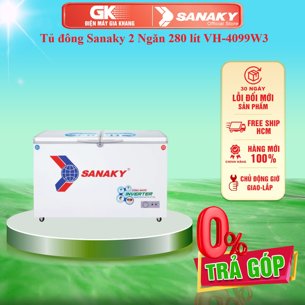 Tủ đông Sanaky 2 Ngăn 280 lít VH-4099W3 - Bánh xe Giỏ đựng đồ Inverter tiết kiệm điện Khoá cửa tủ Lỗ thoát nước Nút điều chỉnh nhiệt độ bên ngoài tủ - GIAO TOÀN QUỐC - FREESHIP HCM