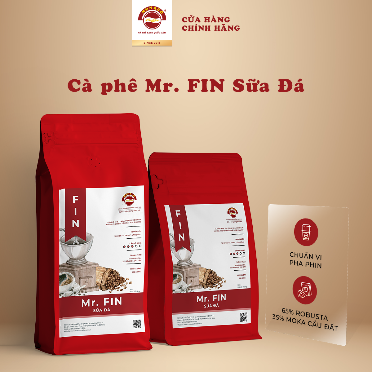 Túi cà phê Mr. FIN Sữa Đá - Cà phê rang xay pha phin nguyên chất 100% từ Monaco Coffee