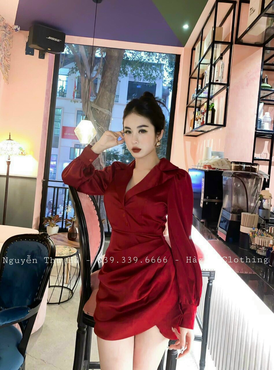 Đầm body tay dài cổ sơ mi có khoá kéo