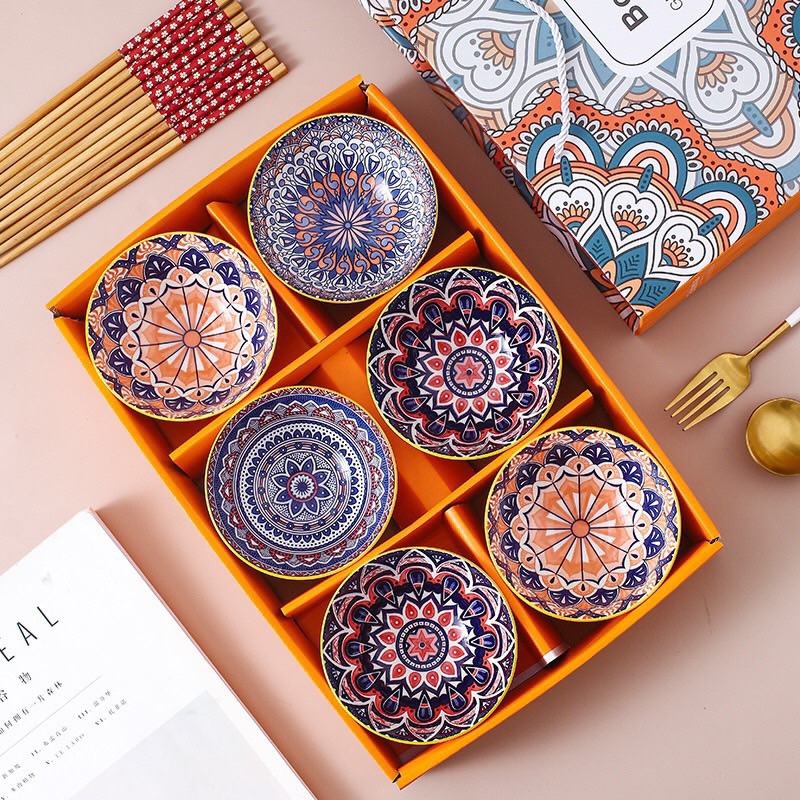 Set 6 chén sứ hoa văn thổ cẩm vân nổi kèm 6 đôi đũa có hộp đựng, phù hợp làm quà tặng
