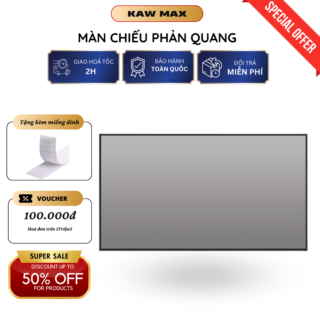 Màn chiếu phản quang, màn chiếu KAW loại 100inch, 120inch dán tường tăng độ sáng dùng cho các loại máy chiếu