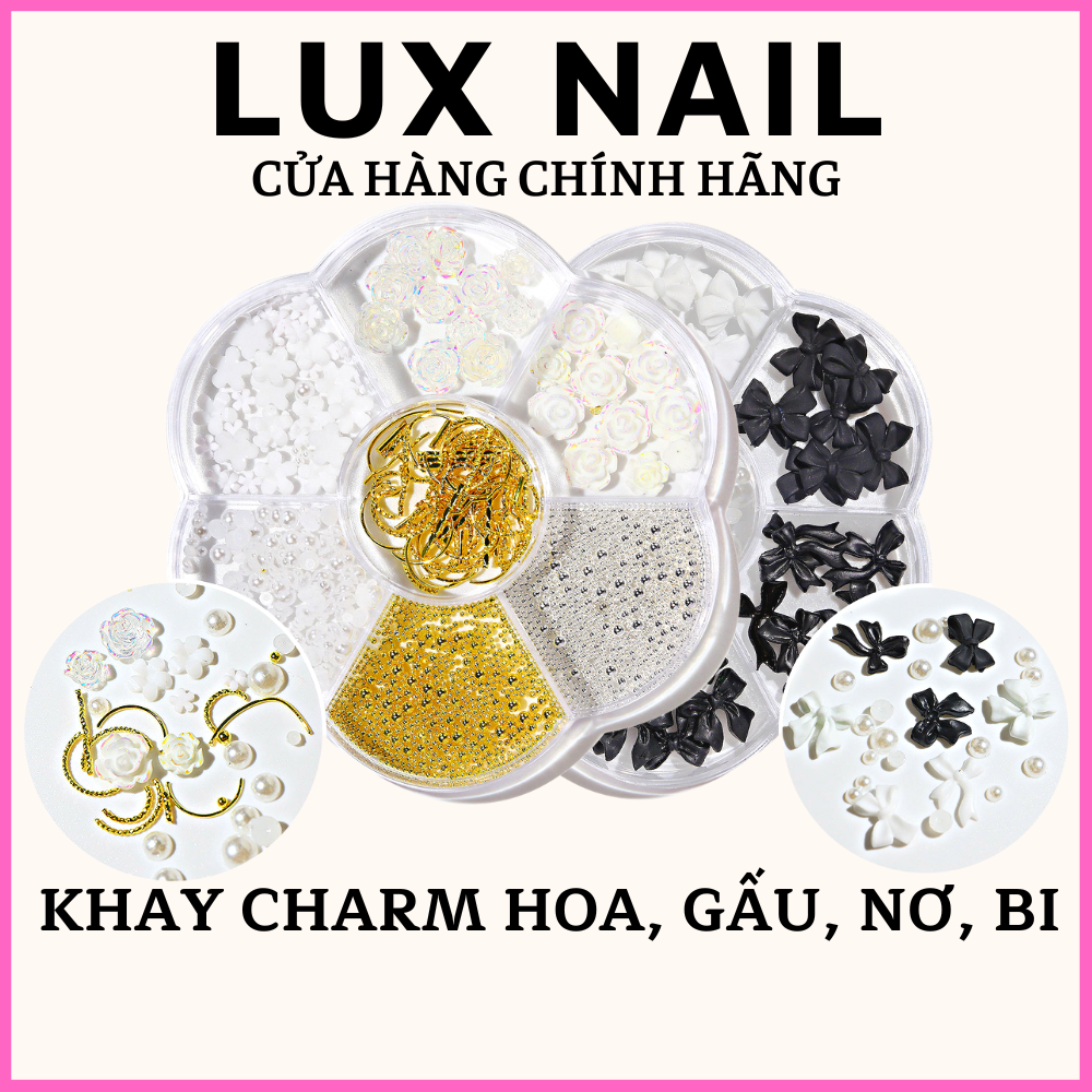 Charm nơ bướm gấu hoa hồng nhí sứ bi nail nửa Luxnail khay mix màu và hình, Sticker phụ kiện sắt trang trí móng 3D 5D