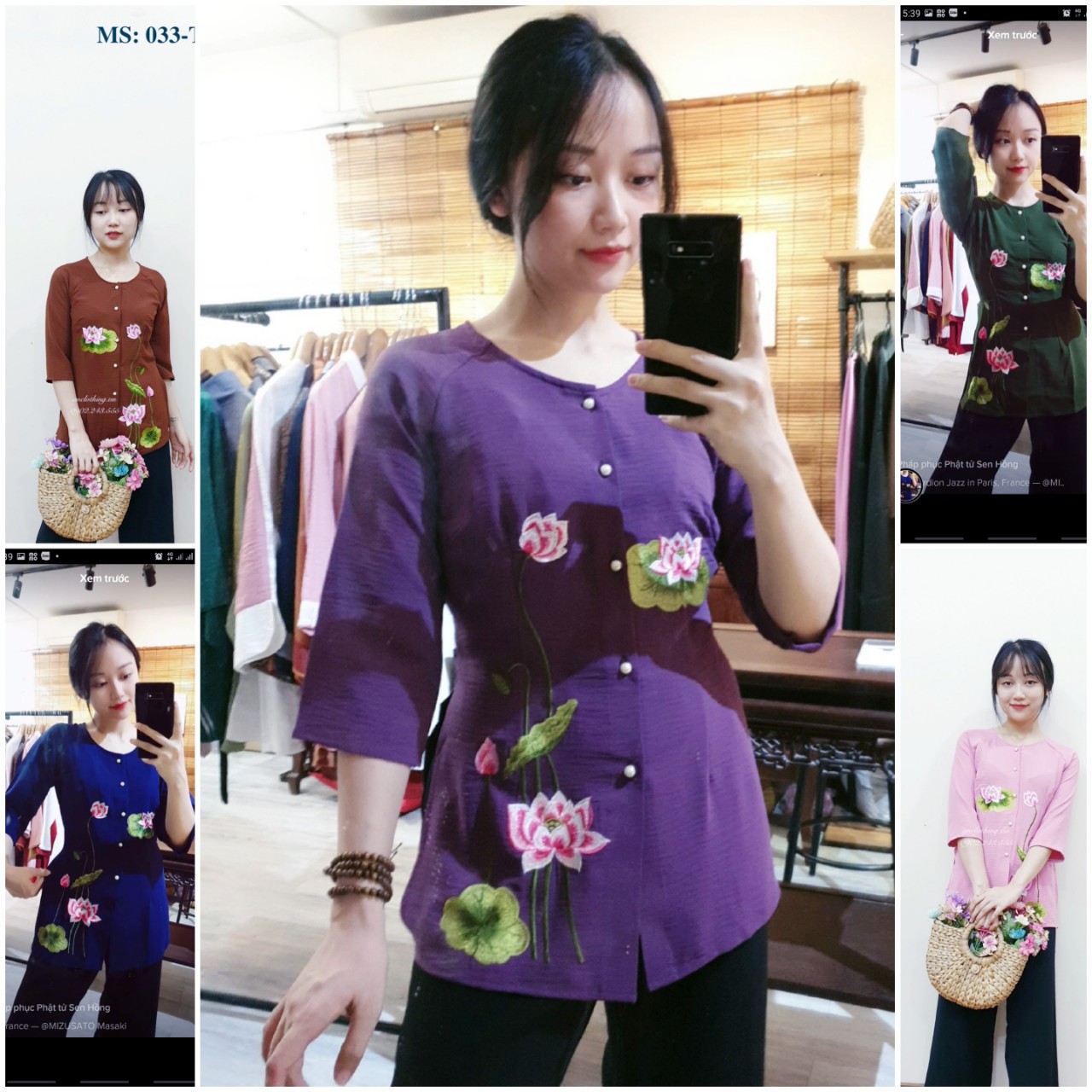 Xả lỗ🍐Bộ bà ba đi lễ phật tử vải đũi mềm thêu sen – áo bà ba Phật tử Sen Hồng cúc ngọc 033