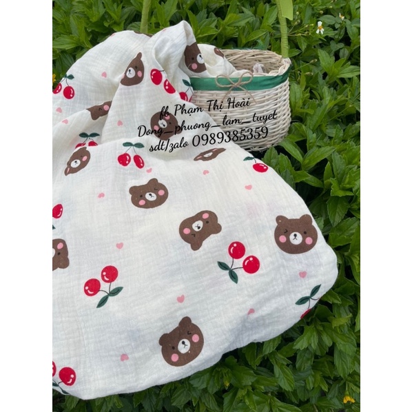 Vải xô muslin cao cấp gấu brown chery đỏ