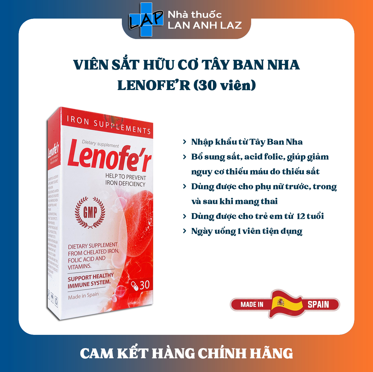 Viên sắt lenofe'r - viên uống bổ sung sắt hữu cơ từ tây ban nha.