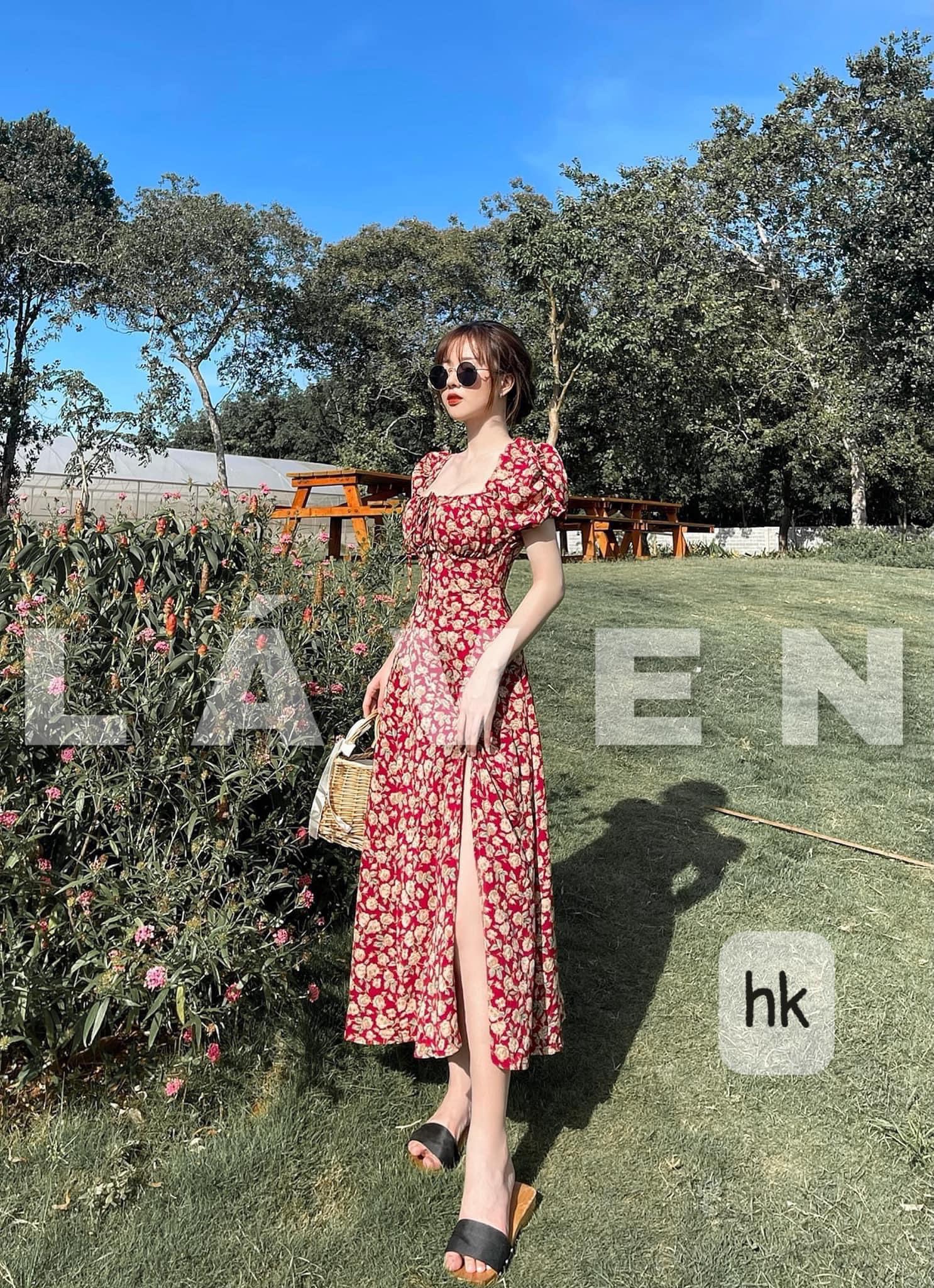 Váy hoa nhí đỏ xẻ tà + video+ ảnh thật