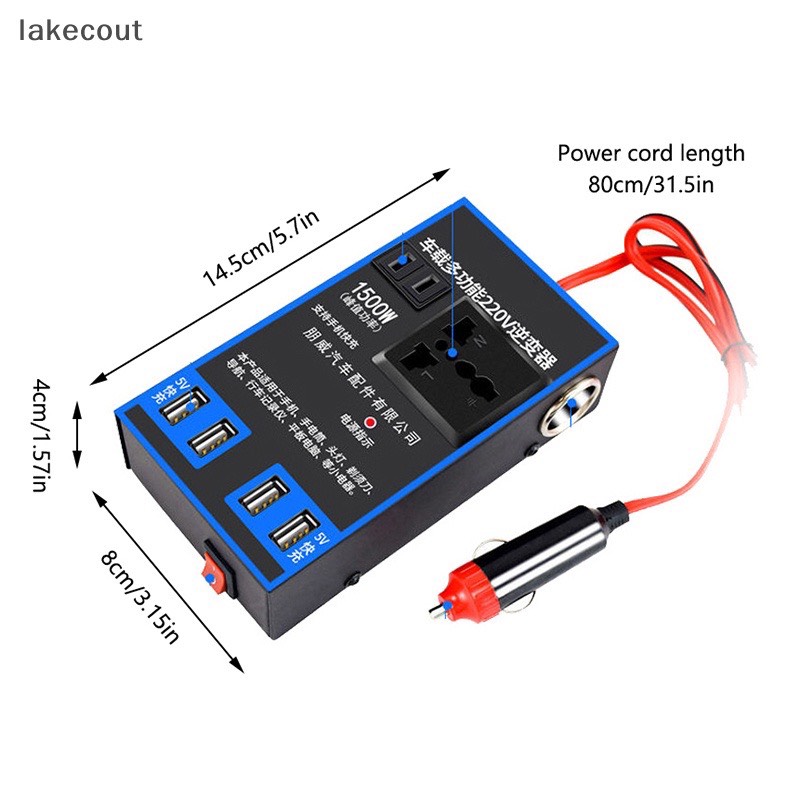 Bộ chuyển đổi nguồn 1500w dc12v/24v sang 220v kèm 4 cổng usb cho xe hơi tặng kèm dây kẹp ắc quy