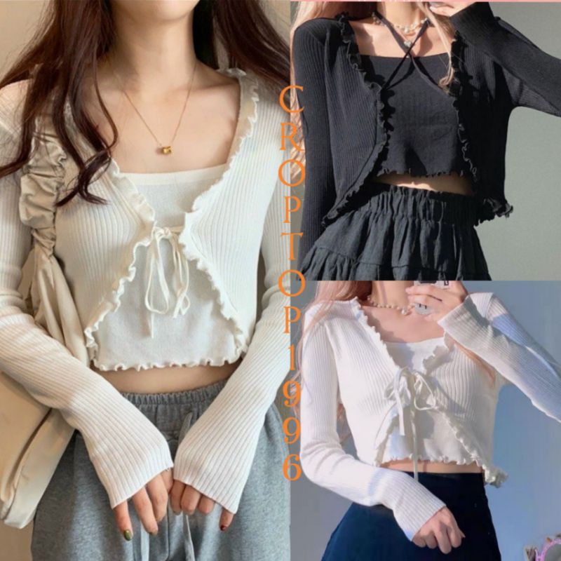 Set áo len tăm viền bèo croptop cadigan crt07