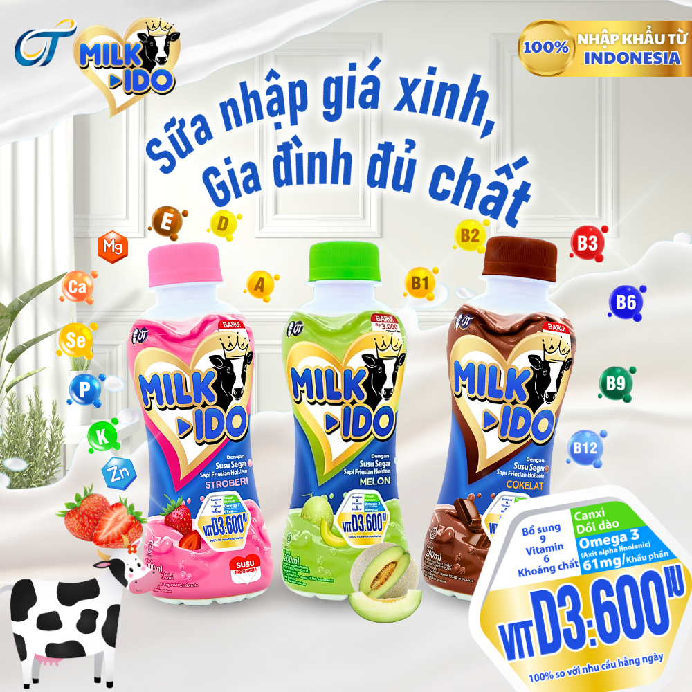 Sữa dinh dưỡng Milk Ido vị Sô cô la/ Dưa lưới/ Dâu nhập khẩu trực tiếp Indonesia (chai 200ml )