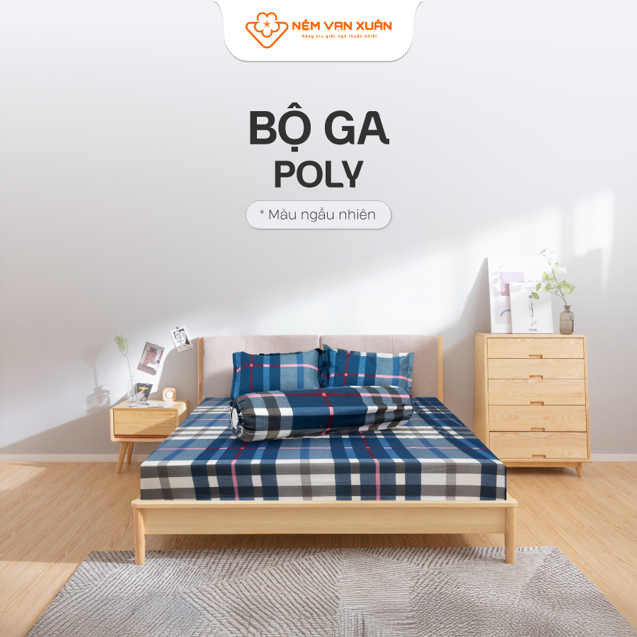 Bộ Ga POLY Cao Cấp Màu Xanh Dương Caro Nệm Vạn Xuân Chất Liệu POLY Cao Cấp Chống Nhăn Kháng Bụi Tốt